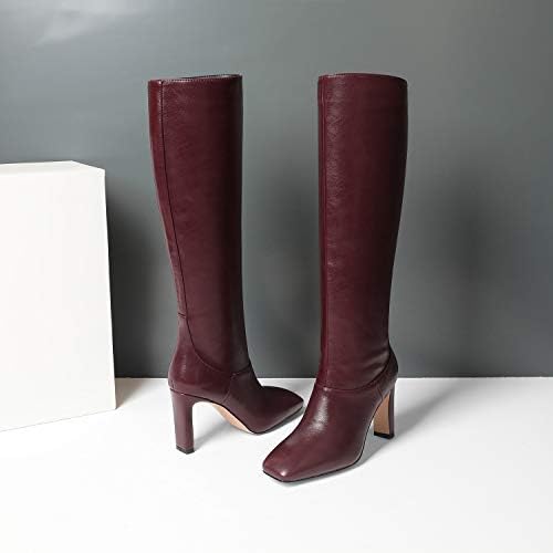 LEHOOR Women Knee High Chunky Heel Boots Matte Leather Square Closed Toe Slip On High Heeled Dress Shoes Sexy Trendy for Ladies Burgundy 8.5 M US | Image 2