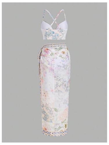 Women's 3 Piece Bikini Set Boho Floral Criss Cross Backless Swimsuit Bathing Suit with Cover Up2