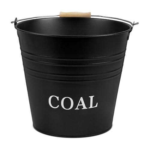 Flatro Coal Bucket for Fireplaces | (Pack of 1) 12L Metal Bucket for Hot Ashes (with Wooden Handle) | Does the Job Well for Coal Wood Ashes Kindling & More