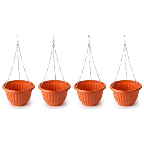 Acan Tradineur - Pack de 4 macetas Redondas Colgantes, plástico, Tiesto, macetero, Recipiente para Plantas, Flores, balcón, terraza, hogar, Fabricada en España (Marrón - 25 x 15 cm)