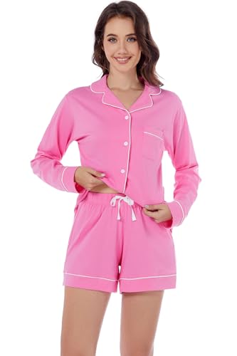 Image of LUBOT 100% Cotton Pajamas for Women 2PC PJ Set Womens Soft Long Sleeve Button-Down Shirt Two Piece Set Sleepwear Loungewear Night Suit (Rosy Pink, S)