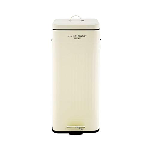 CHARLES BENTLEY Kitchen Bin, 30 Litre, Steel, Square, Retro Style, Kitchen Pedal Waste Bin, Cream, Contemporary, Aesthetic, Convenient, Side And Lid Handles, Inner Bucket, Easy Emptying (67x27cm)