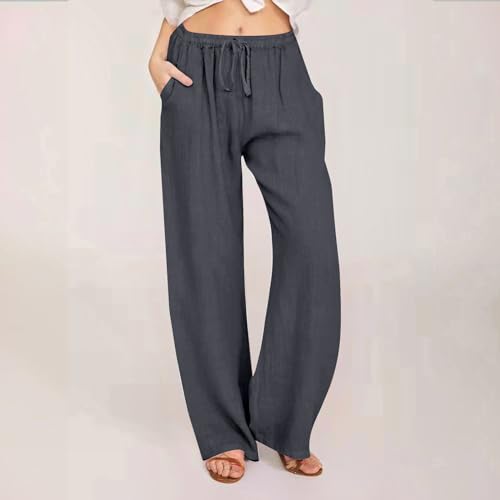Womens Summer Cotton Pants Dressy Casual High Waisted Drawstring Lounge Trousers Loose Wide Legged Flwoy Beach Pant2