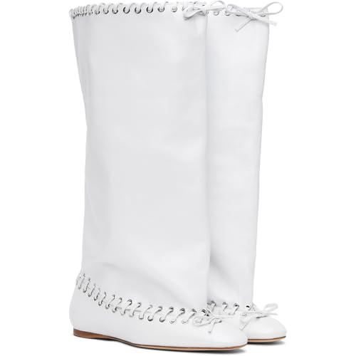 UniqueStride Women Mid Calf Boots Crinkled Lace Up Bow Metal Eyelets Pull On Round Toe Leather Wide Calf Flat Boots3