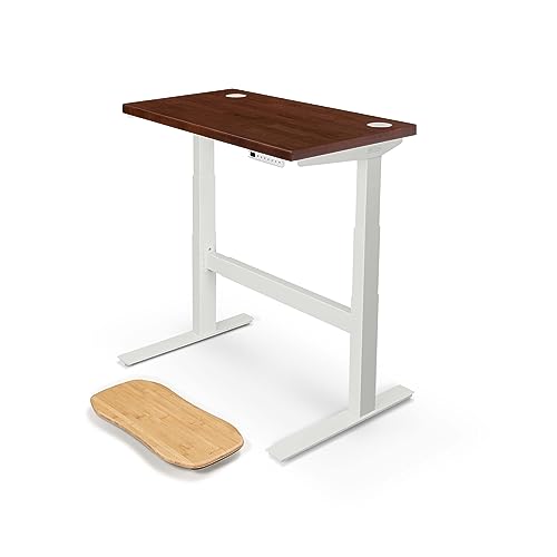 Image of UPLIFT DESK - V2 Dark Rubberwood Butcher Block (42 x 24 inch) 1.5 inch Desktop Standing Desk, Height Adjustable Commercial Frame (White), Advanced Keypad, Wire Grommets, Wire Tray, Rocker Board
