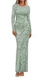 BTFBM Wedding Guest Dresses for Women 2026 Spring Elegant Floral Lace Ruched Long Sleeve Bodycon Cocktail Party Maxi Dress(Light Green, Medium)