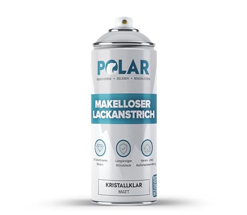 Polar Makelloser Klarlackspray - Matt - 400ml - Mehrzwecklack, unterschiedliche Materialien - schnell trocknend, haltbar und vergilbungsfrei - fur Kunststoff, Holz und Metall - drinnen/draußen