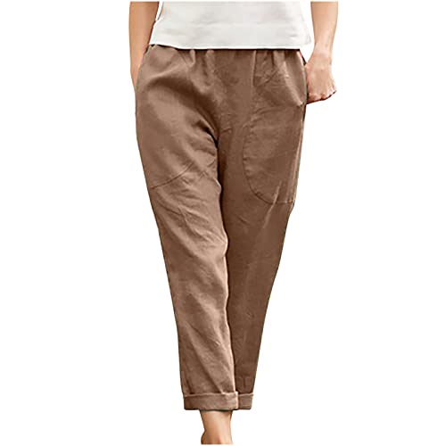 Image of LRMQS Cotton Linen Pants Women Casual Summer 2026 Trendy Loose Fit Beach Wide Straight Leg Trousers with Side Pockets