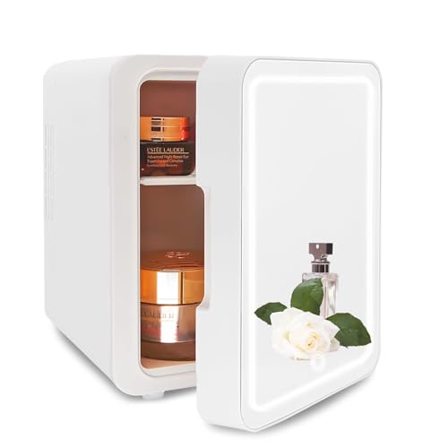 VNIMTI Mini Skincare Fridge, Beauty Fridge with Mirror, Cooler & Warmer Small Compact Refrigerator for Bedroom (4 Liter, Pure White)