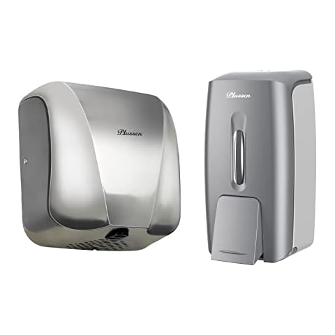 PLUSSEN Automatic Commercial Hand Dryers for Bathrooms Commercial 1800W Heavy Duty Soap Dispenser Wall Mount, Adhesive No Drill Commercial Hand Soap Dispenser 800ml Hand Sanitizer Dispenser Cover
