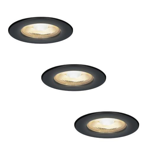 HOFTRONIC 3x Nola - LED Einbaustrahler 68mm Schwarz - IP65 Wasserdicht für Außen, Dachüberstand und Bad - 5W 480lm - 2700K Extra Warmweiß - Deckeneinbauleuchte Einbauspots