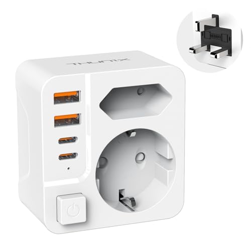 Adaptador Enchufe UK a español, THUNIX Adaptador de Viaje con 2 USB C y 2 USB A, Adaptador Tipo G Europa a 3-Pin Reino Unido para Irlanda Maldivas Dubai Bretaña Singapur HK