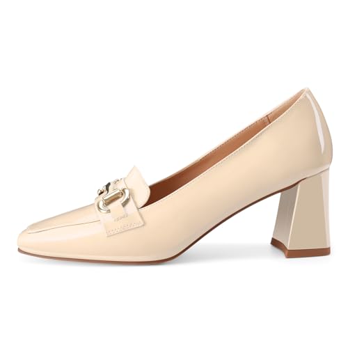 Image of Womens Mid Block Chunky Heeled Loafers Closed Square Toe Patent Leather Comfortable Slip On Pumps Metal Chain Basic Classic Casual Work Office Dress Shoes 2.8 Inches Heels