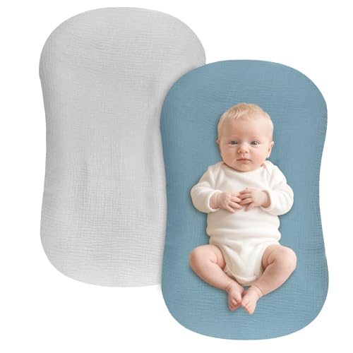 Image of Hooyax Baby Lounger Cover 2 Pack - 100% Muslin Cotton Newborn Lounger Pillow Covers Only, Soft Breathable Infant Lounger Cover with Reinforced Stitching, Fits Most Standard Baby Loungers (Blue Grey)