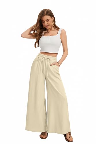 Image of KICZOY Women Flowy Pants Drawstring Waist Wide Leg Palazzo Beach Pants Loose Fit with Pockets