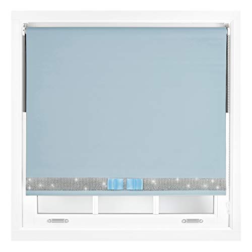 FURNISHED Persianas Opacas con Lazo Diamante - Persiana Enrollable Decorativa con diseño Brillante de Diamantes Huevo De Pato Azul Cortar a Medida hasta 150W x 210L cm