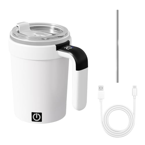Self Stirring Coffee Mug, Detachable Magnetic Electric Self Mixing Cup with Lid & Straw, Temperature Display, 380ML Stainless Steel Coffee Mixer for Home Travel Office