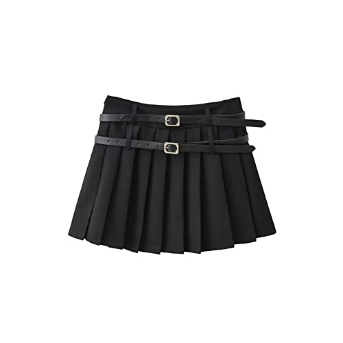 Womens Short Skirts - Double Belt Pleated Skirt Women Fashion High Waist A-Line Mini Skirt Casual Vintage Preppy S