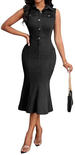 Image of SeNight Women's High Waist Denim Mini Skirt Frayed Hem Stretchy | High Waist Denim Mini Skirt Frayed Hem Stretchy Bodycon Jean Skirt with Button