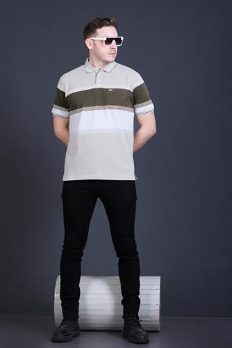 Image of GODFREY Striped Tshirt Shirts Men Cotton Polo T Shirt for Man with Pocket - Regular Fit Half Sleeve Collar T Shirts for Men