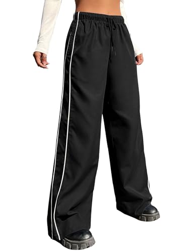 EXARUS Girls Parachute Pants Wide Leg Baggy Y2k Drawstring Elastic Hip Hop Dance with Pockets Kids Black 10Y