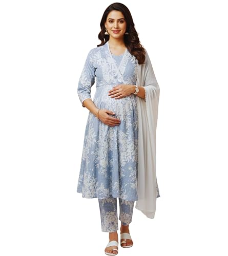 Image of DUMMY SHAPE Maternity Dresses for Women Cotton | Floral Kurta Pant Dupatta Set with Nursing Zippers, Side Pocket | Pre & Post Pregnancy | Feeding Kurti Suit | Baby Shower | Gifts for Pregnant Woman