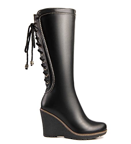 ANN CREEK 'Camux' Stitches Back Lace Mid-Calf Wedge Boots Black2