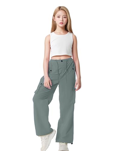 Image of HENGAO Girls Cargo Pants Parachute Casual Jogger Y2K 5-14 Years | Kids Baggy pants Parachute, Drawstring, with Pockets, Elastic High Waist, Loose Trousers Streetwear