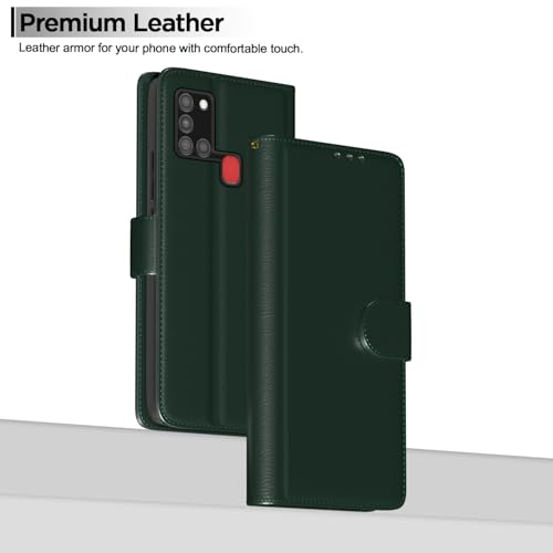 Image of Pikkme Flip Cover for Samsung Galaxy A21s Leather Finish | Inside TPU with Card Pockets | Wallet Stand and Shock Proof | Complete Protection Flip Case (Green)