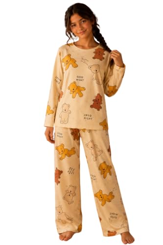 Image of TotzTouch Girls Printed Pyjama Set | Full Sleeve Top with Wide Leg Pyjama Pants | Stylish Cotton Co-Ord Nightwear Set for Kids