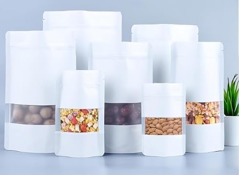 XFXIA 100 Pack Mylar Bags Smell Proof Bags, Foil Ziplock Baggies,Resealable Stand Up Packaging Pouch Bags for Food Storage,Candy,Cookie,Bath Salts (Black) (White With Window, 18 x 26 cm)