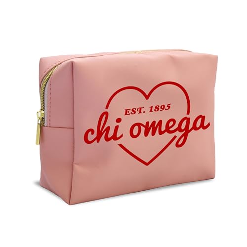 Sorority Shop Chi Omega Makeup Bag - Multi-Purpose PU Leather, Water-Resistant Makeup travel bag with Licensed Design and Zipper Closure, Perfect Chi Omega Sorority Gifts for Women