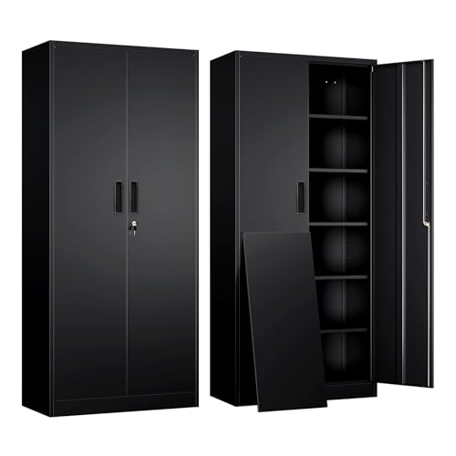 YEEZER Metal Storage Cabinet with Lockable Doors and 5 Adjustable Shelves, 71' Large Black Garage Cabinet, Steel Locker for Garage, Home Office & Pantry