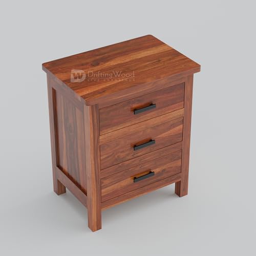 Image of DRIFTINGWOOD Roovi Solid Sheesham Wood Bedside Table with 3 Drawers | Wooden Nightstand /Side Table for Bedroom & Living Room (Honey Finish)