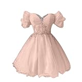 Youjiayi Off Shoulder Blush Pink Homecoming Dress for Teens Princess Lace Tulle Prom Dresses Short Sweetheart DAMA Dresses for Quinceanera Size 2