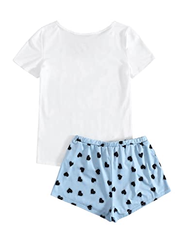Image of Women's Graphic Print Tee Shirt and Heart Print Shorts Pj Set Sleepwear