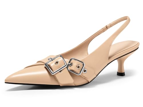 Image of Coutgo Womens Slingback Kitten Heels Closed Pointed Toe Pumps Studded Buckle Strap Party Dress Shoes