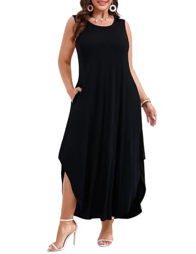 Image of JollieLovin Women Plus Size Summer Tank Maxi Dresses Sleeveless Causal V Neck Beach Long Dresses Swim Cover up (L-5X)