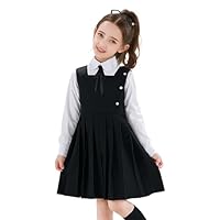LOLANTA Girls Pleated Pinafore School Uniform Jumper Dress, Square Neck Sleeveless with Button Decoration, Anti-Wrinkle, Black, 9-10 Years, 140