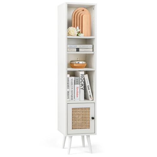 COSTWAY Hochschrank Rattan, Badzimmerschrank mit 4 Ablagen, Holzbeine...