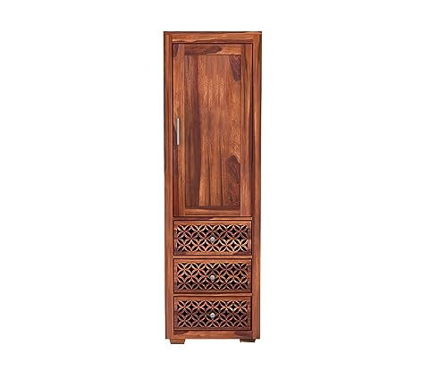 Image of Sheesham Wood Wooden Single Door Wardrobe Organizer for Clothes | - Solid Wood Almirah with 3 Drawers, 3 Shelves - Cupboard for Large Bedroom (Design 28)