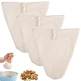 3 Stück Nussmilchbeutel Bio waschbar 30 x 30 cm,Nut Milk Bag aus Natürliche Baumwolle und Leinen,V Form Passiertuch wiederverwendbar mit Kordelzug,Nussmilchbeutel für Nussmilch,Sojamilch,Gemüsesaft