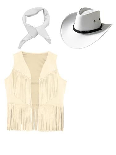 renvena Kids Western Cowboy Cowgirl Outfits Fringe Rivets Vest Cardigan with Cowboy Hat Bandanna Set3