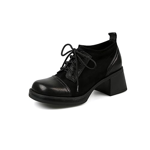 TinaCus Women's Genuine Leather Handmade Splicing Lace Up Square Toe Platform Mid Block Heel Pumps Shoes