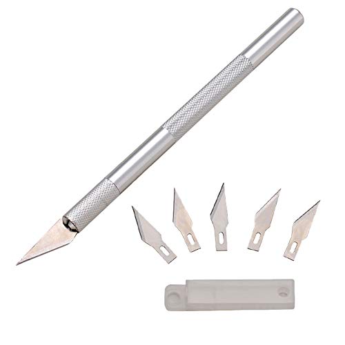 アートナイフ デザインナイフ 替刃5枚 超硬ニードル1本付き クラフトナイフ 高硬度替刃式彫刻刀 手芸 デザイン シルバー