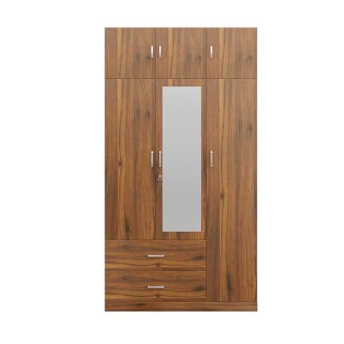 Image of VIKI Wardrobe | Wooden Almirah for Clothes,Door for Bedroom, 3 Door LoftWardrobe with Drawer, Mirror & Hanging Space (Brussel Walnut - 40D x 120W x 220H) | 1 Year Warranty | Free Assembly