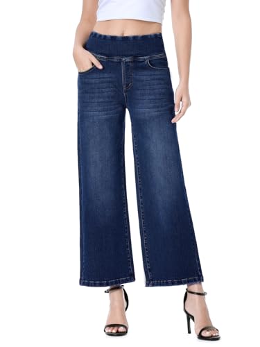 Wide Leg Capri Jeans for Women, Pull on High Waisted Trendy Stretchy Straight Leg Baggy Cropped Tummy Control Jeans