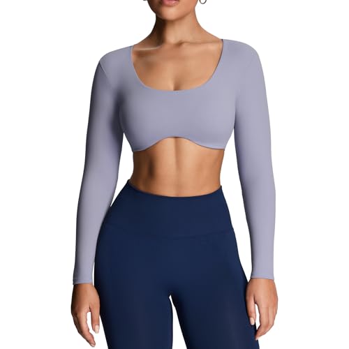Image of Aoxjox Women's Define Sculpt Long Sleeve Crop Tops | buttery soft fabric,curved hem,hollow back, low support, removable pads, workouts,yoga,gym, daily wear
