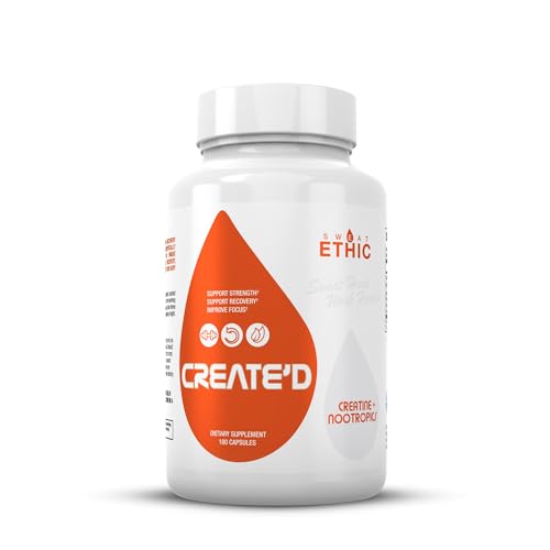 Image of Sweat Ethic Create'd Creatine and Adaptogens, Daily Support Formula with Creatine HCL, Alpha GPC, and AstraGin, Nootropic and Fitness Supplement for Focus and Performance for Men and Women, 180 Count