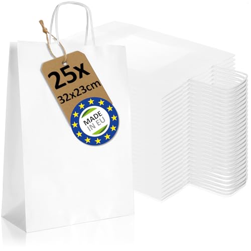 Robin Goods® 25 bolsas de papel blanco con asas, bolsas de regalo hechas de papel kraft, bolsas de transporte con asa, bolsas de papel para empacar y regalar regalos (blanco   32x23x10cm   25 piezas)